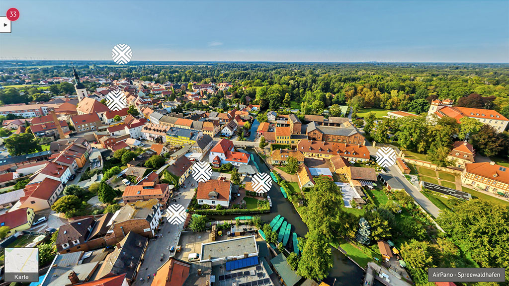 Luftaufnahme des Spreewaldhafens in Lübbenau